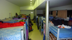 One of the two big sleeping rooms in the Albergue. There's always a few people who snore, so bring earplugs.